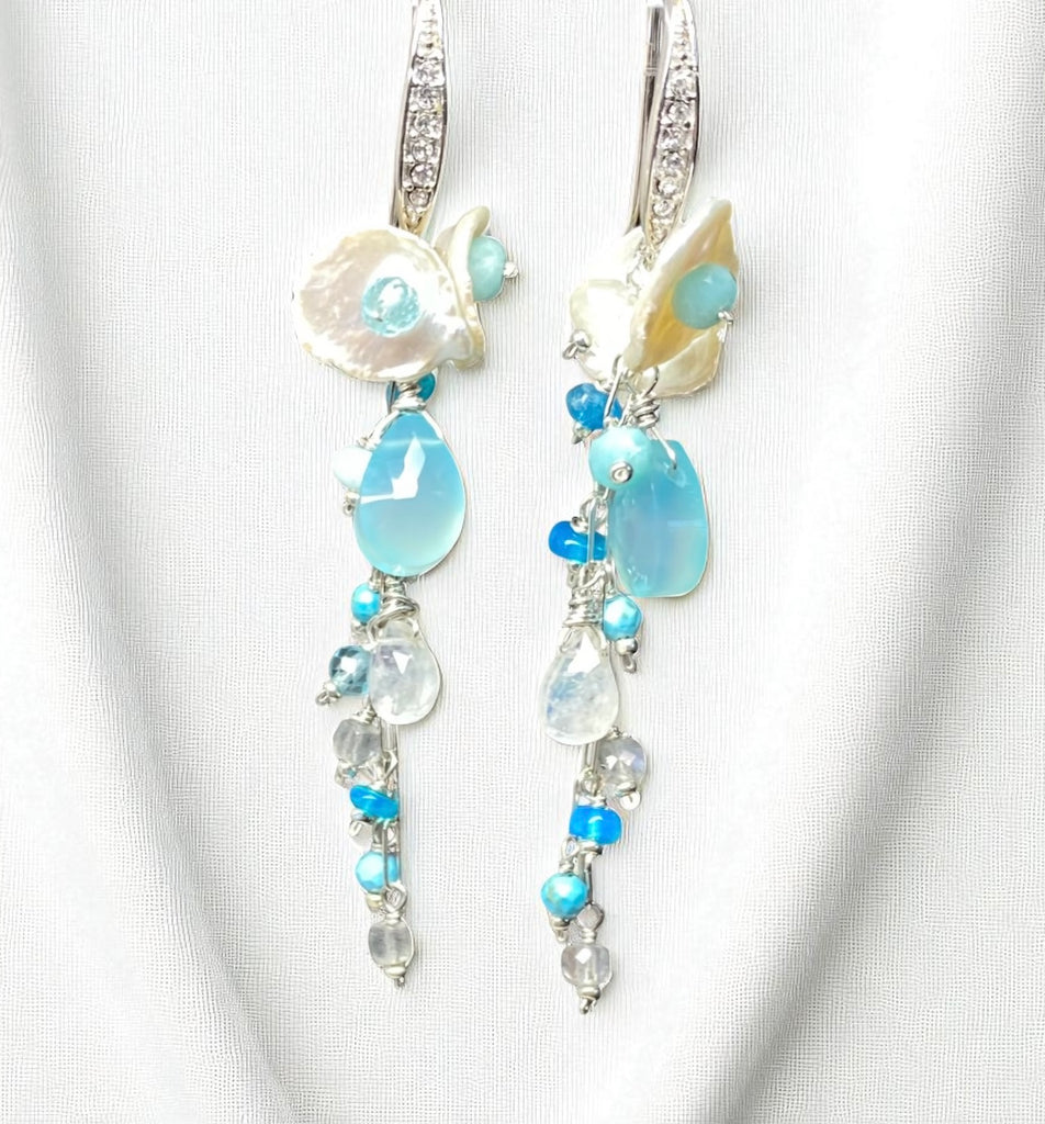 Aqua Chalcedony, White Keishi Pearl, Sterling Silver Long Dangle Earrings