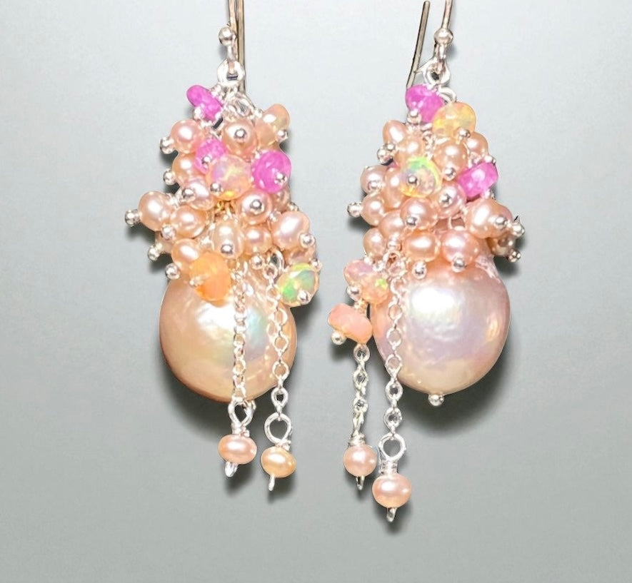 Pink Blush Baroque Pearls Opal, Sapphire Pearl Cluster Earrings