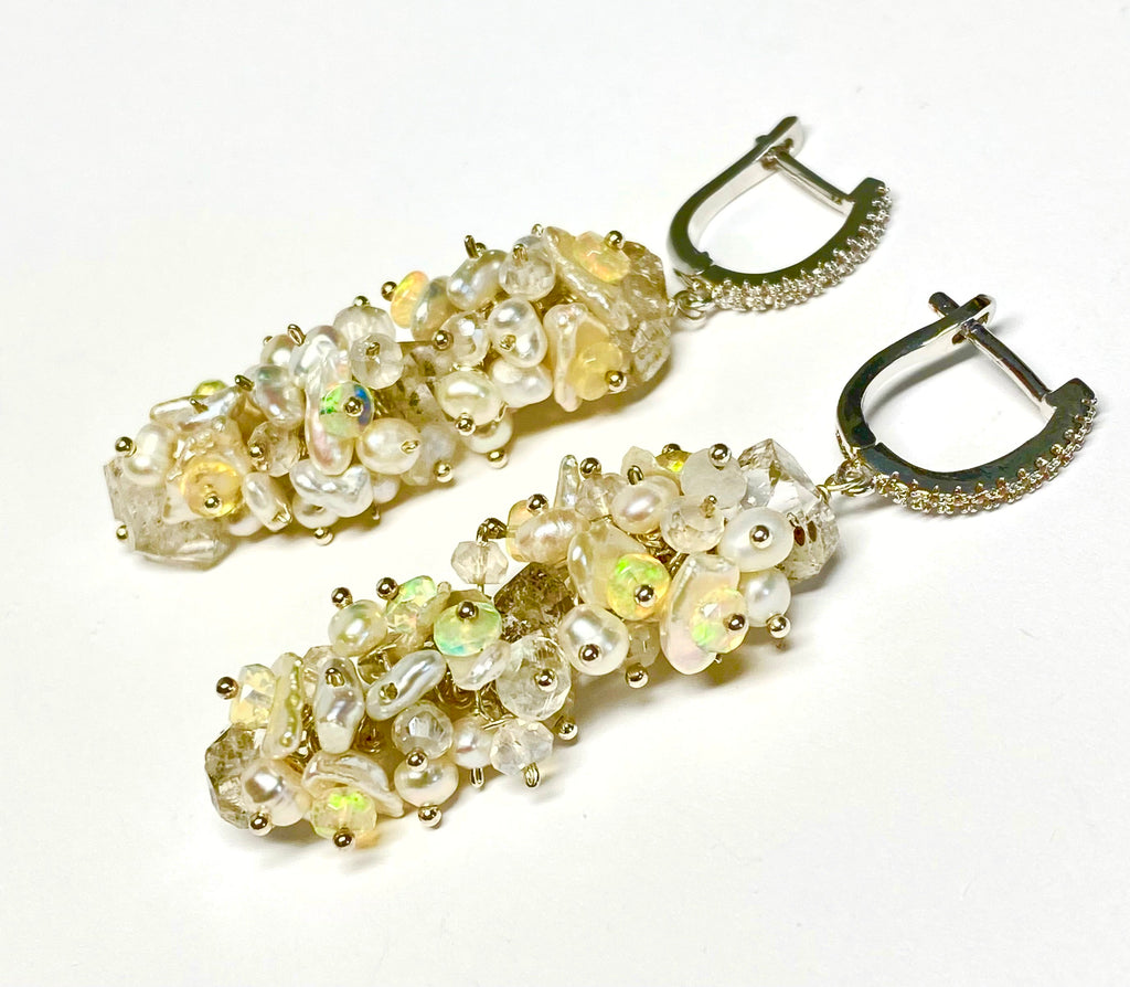 Herkimer Diamond Ethiopian Opal Cluster Earrings Sterling Silver Statement Bridal - Doolittle