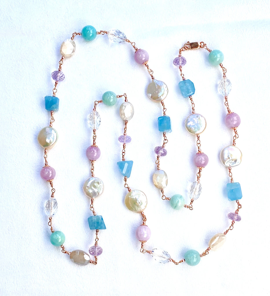 Long Multi Gemstone Pearl Necklace Aquamarine Amethyst Kunzite Rose Gold Fill - Doolittle