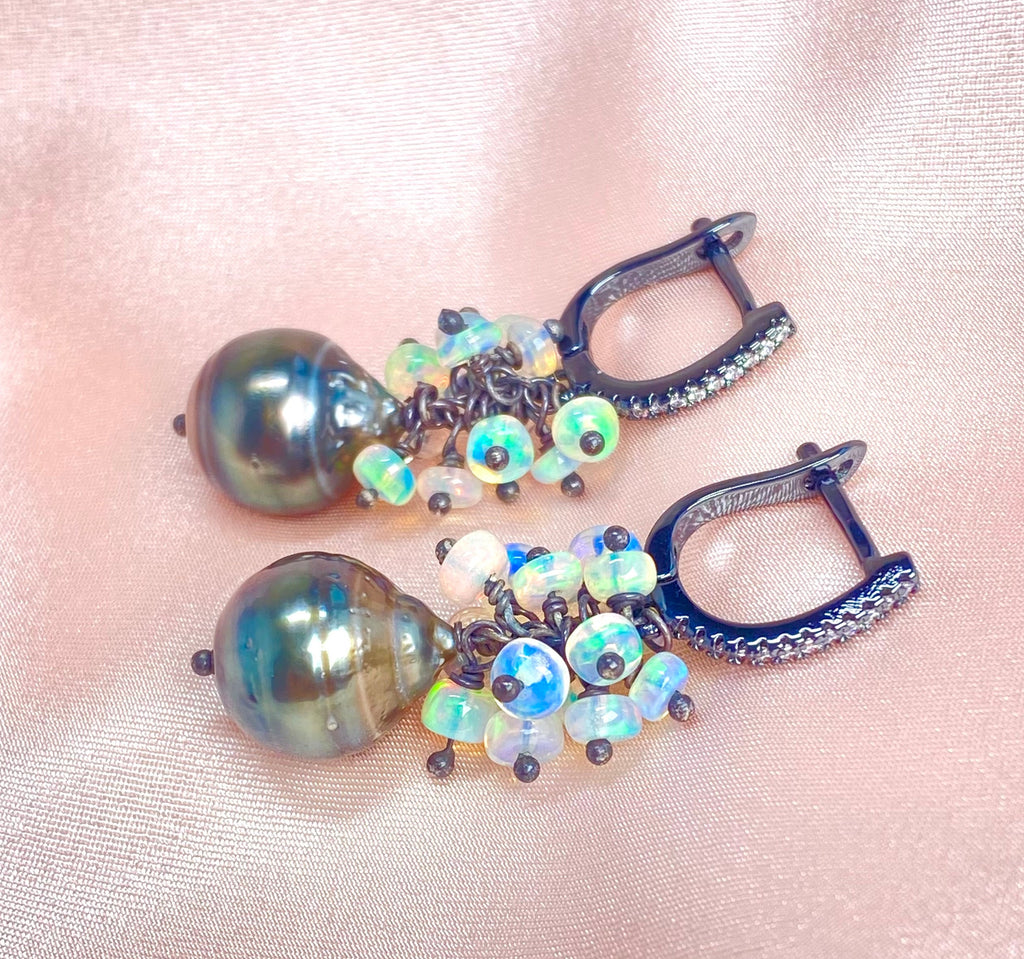 Tahitian Pearl and Opal Cluster Earrings Oxidized Sterling Silver