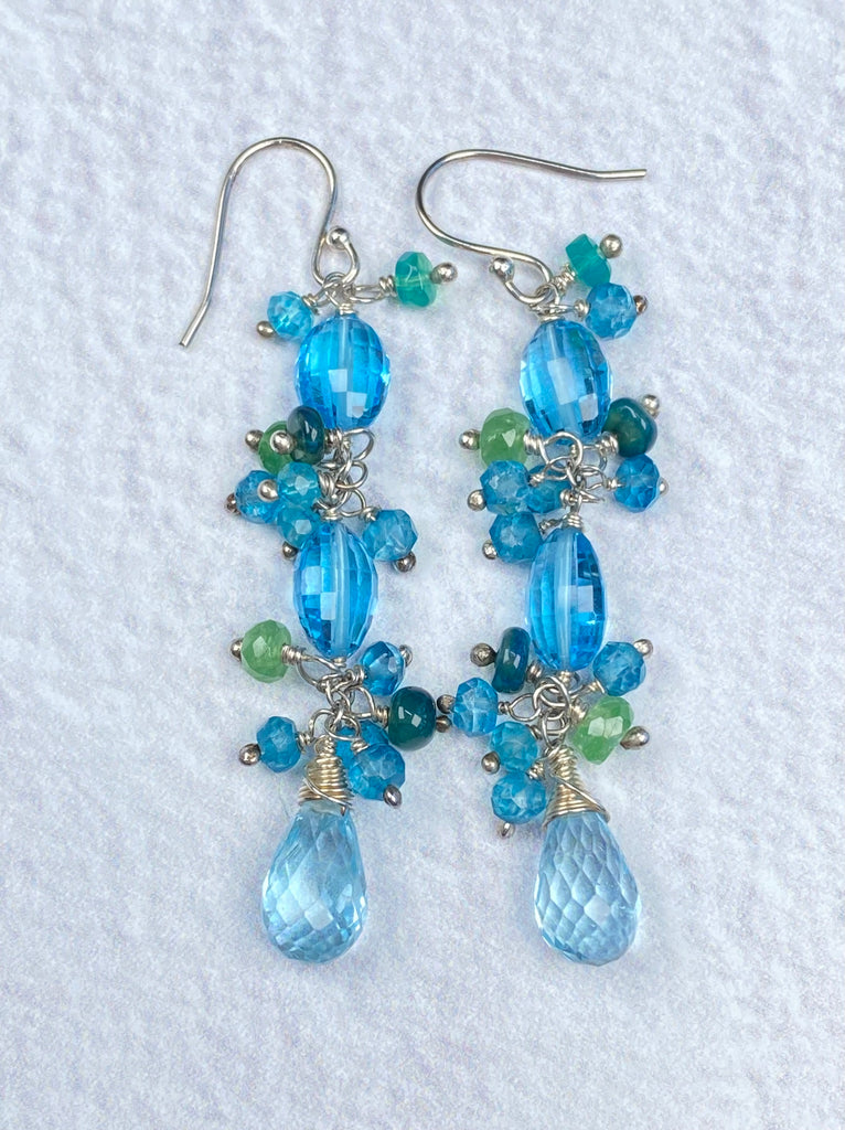 Swiss Blue Topaz & Ethiopian Opal Cluster Earrings, Sterling Silver