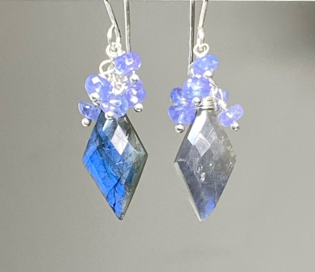 Blue Labradorite Fancy Cut Gem Earrings with Tanzanite Clusters: Gold Fill or Sterling Silver