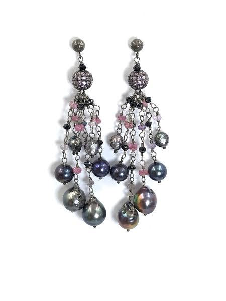 Pink Spinel Pearl Tassel Earrings