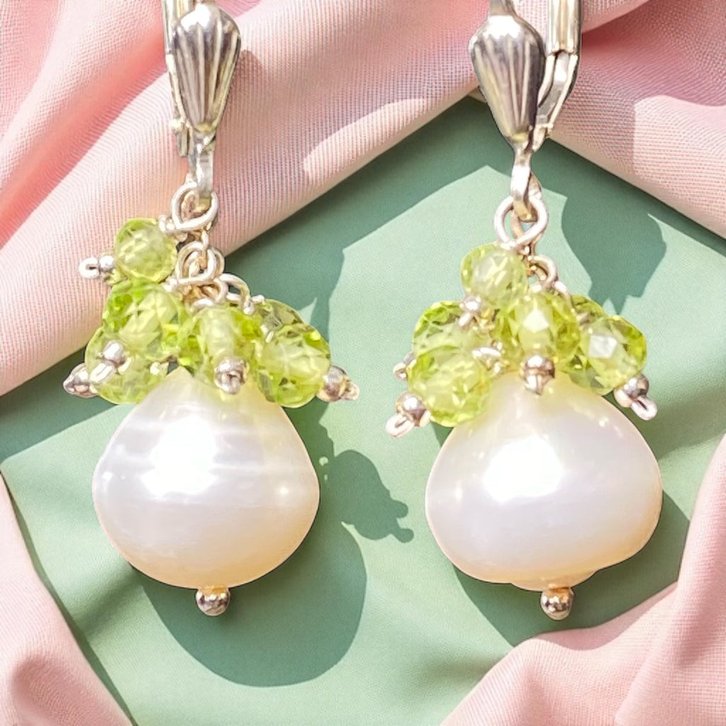 Peridot and Pearl Cluster Earrings, Sterling Silver