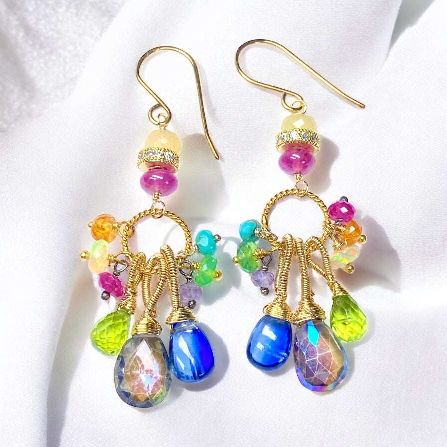 Multi Gemstone Dangle Earrings, Coiled Gold Wire, Handmade 2