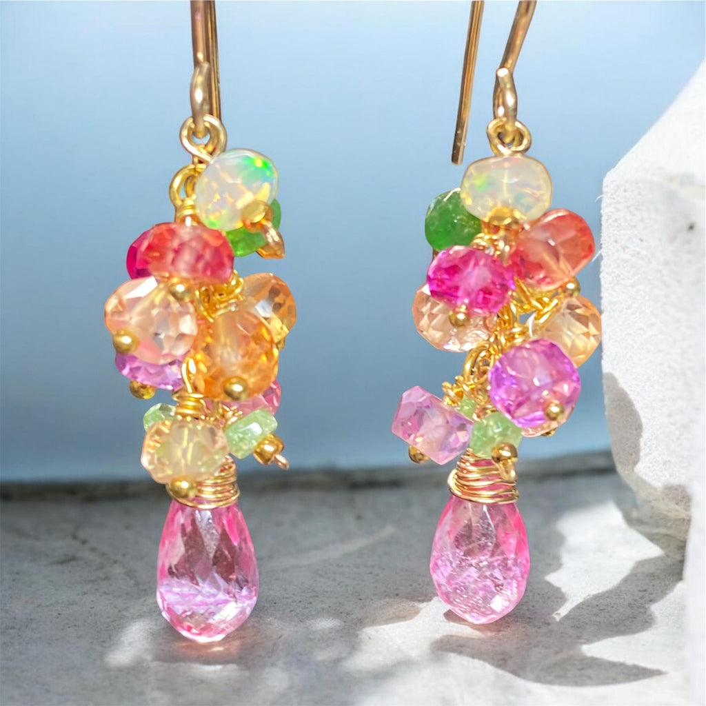 Padparadscha Sapphire Dangle Earrings, Pink Mystic Topaz, Gold Fill - Doolittle