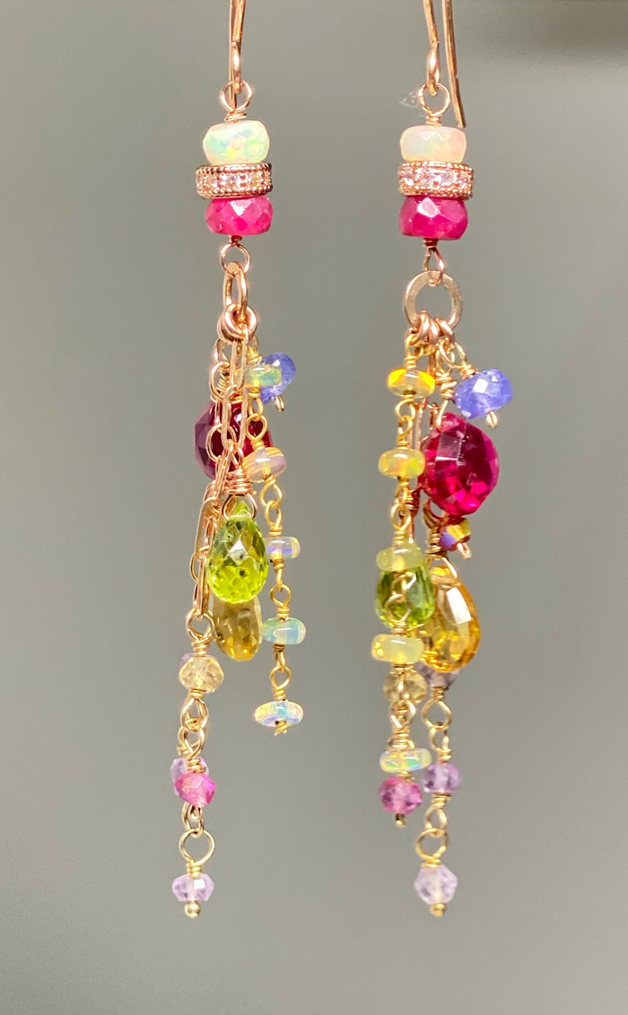 Multi-color Gemstone Long Chain Dangle Earrings Red Topaz Pink Sappire Citrine Opal Rose Gold