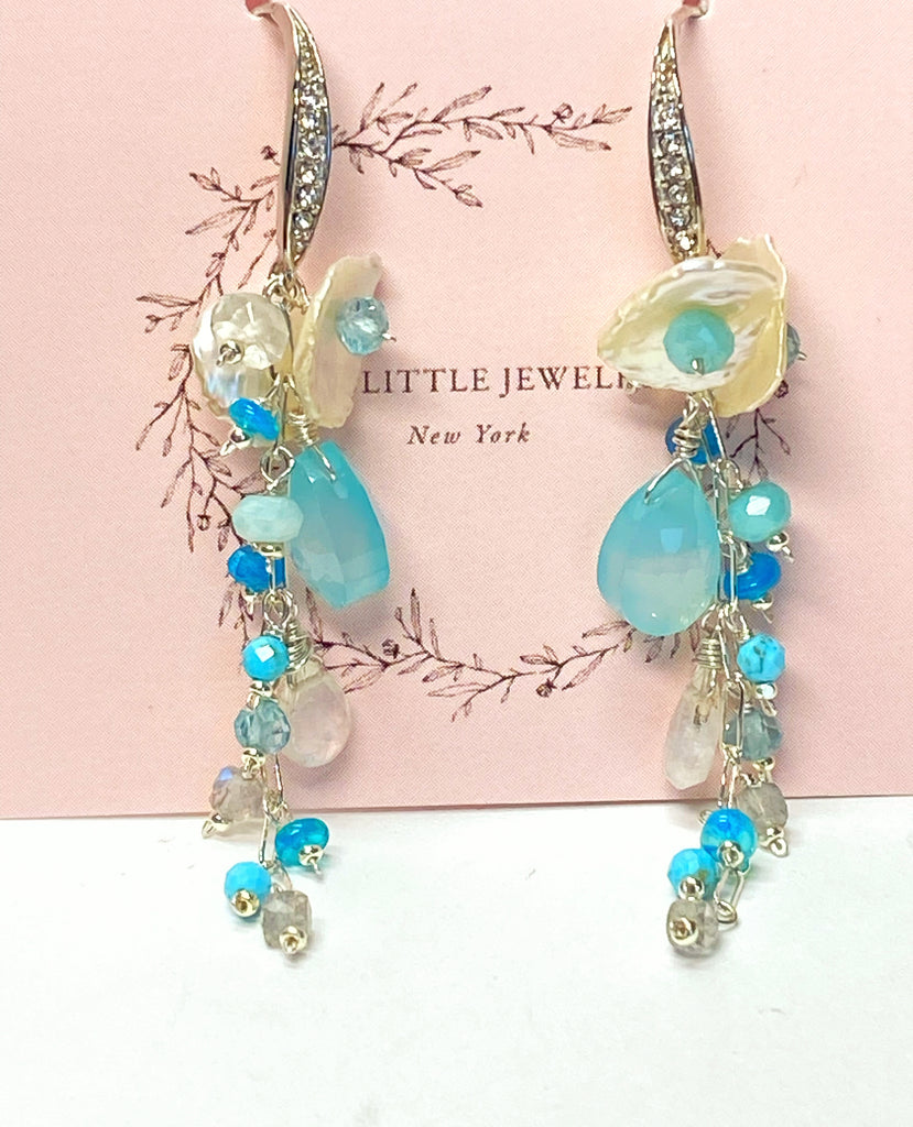 Aqua Chalcedony, White Keishi Pearl, Sterling Silver Long Dangle Earrings