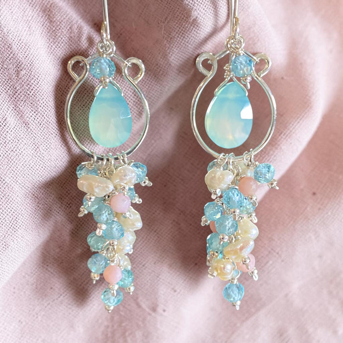 Aqua Chalcedony Gemstone Chandelier Hoop Tassel Earrings Sterling Silver — Apatite, Keishi Pearl, Pink Opals