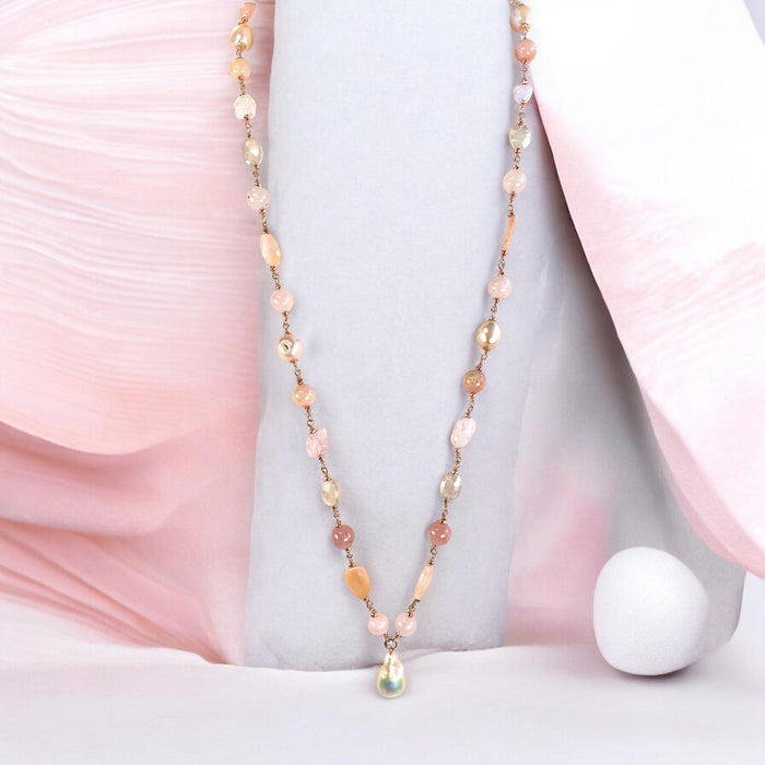 Pink Blush Pearl and Gemstone Long Pendant Necklace Rose Gold Fill Wire Wrap