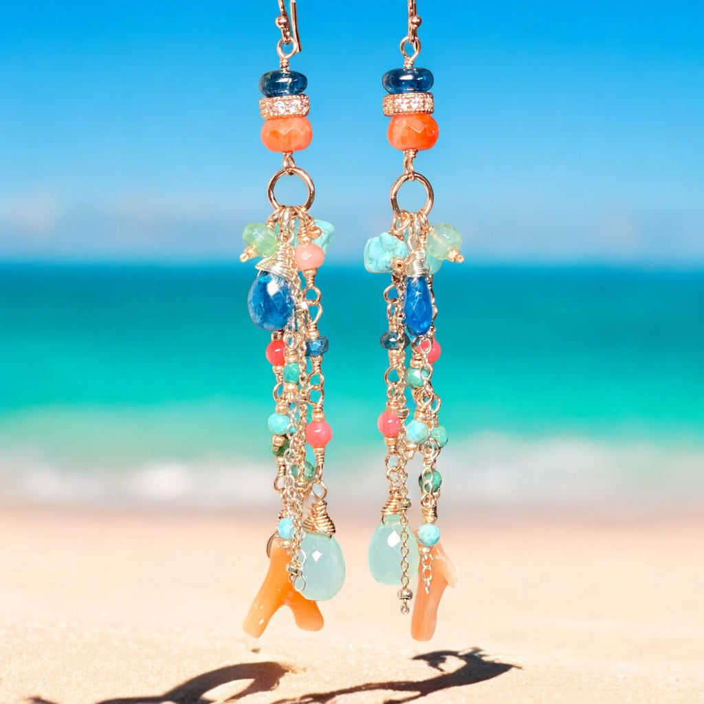 Rose Gold Gemstone Long Boho Dangle Earrings in Turquoise, Coral, Apatite, Aqua