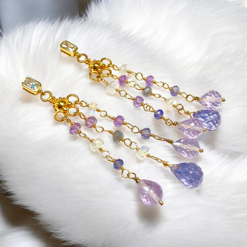 Blue Lavender Purple Gemstone Dangle Earrings, Tassel Style, Iolite, Amethyst, Moonstone, Gold Fill - Doolittle