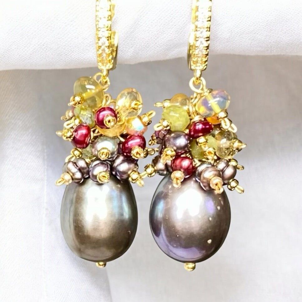 Grey Pearl Earrings with Colorful Gemstone Clusters in 14 kt Gold Fill