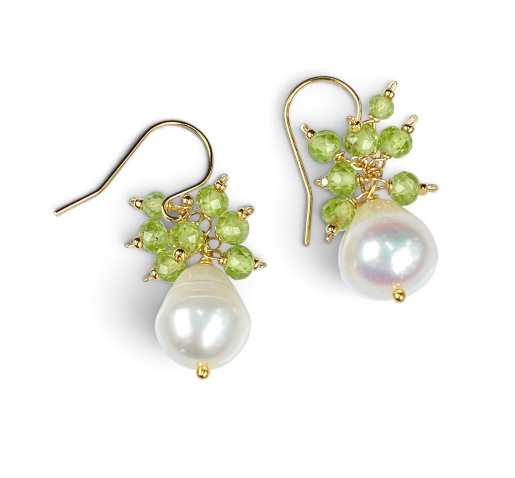 Peridot and Pearl Cluster Earrings, Silver or Gold Fill, 14k Gold Fill - Doolittle
