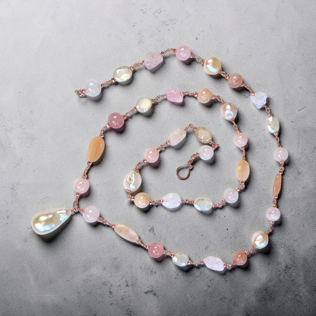 Pink Blush Pearl and Gemstone Long Pendant Necklace Rose Gold Fill Wire Wrap