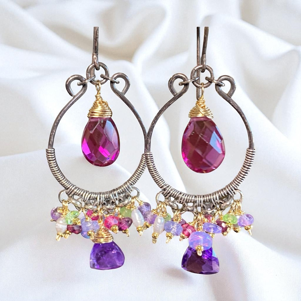 Blue Violet Gemstones Oxidized Silver Hoop Chandelier Earrings