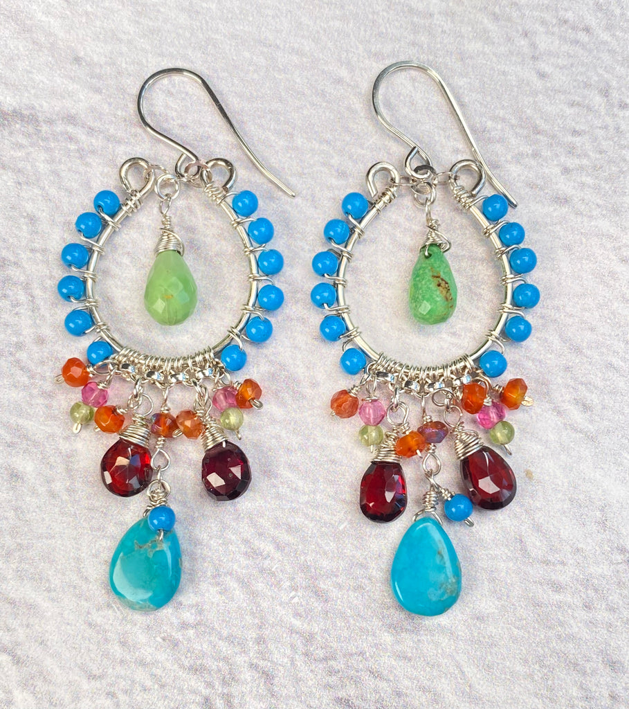 Turquoise & Garnet Chandelier Earrings Sterling Silver - Doolittle