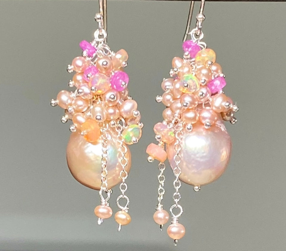 Pink Blush Baroque Pearls Opal, Sapphire Pearl Cluster Earrings