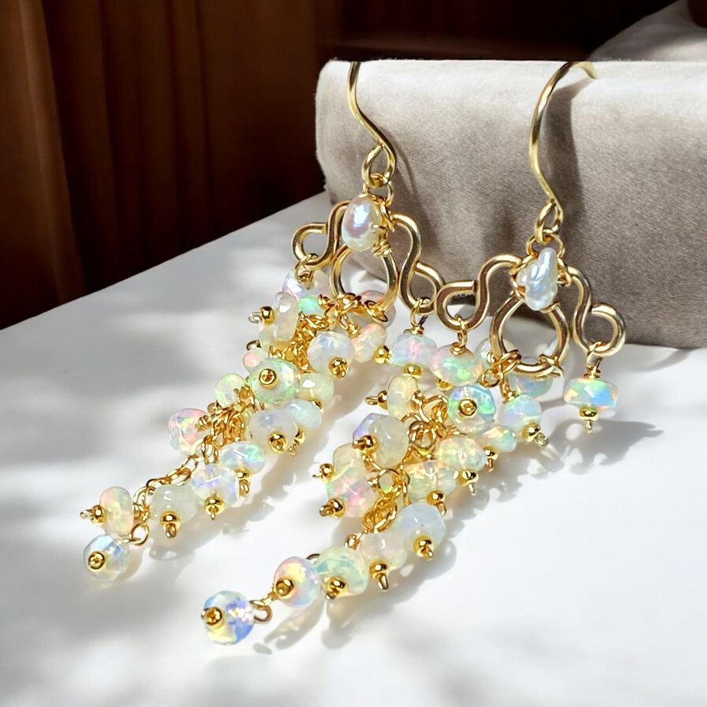 White Ethiopian Opal Chandelier Tassel Earrings Gold Fill