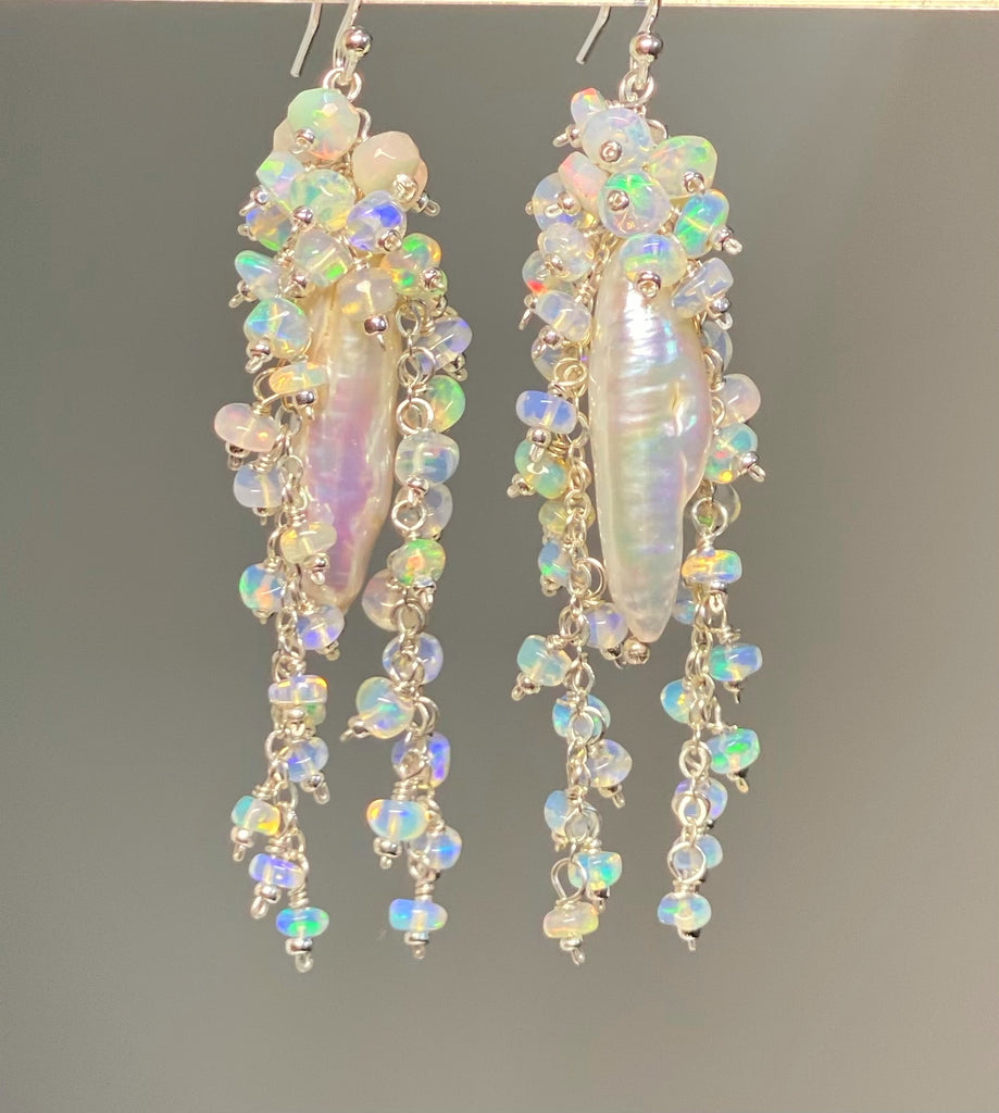 Pearl, Ethiopian Opal Statement Earrings, Bridal Earrings, Sterling Silver