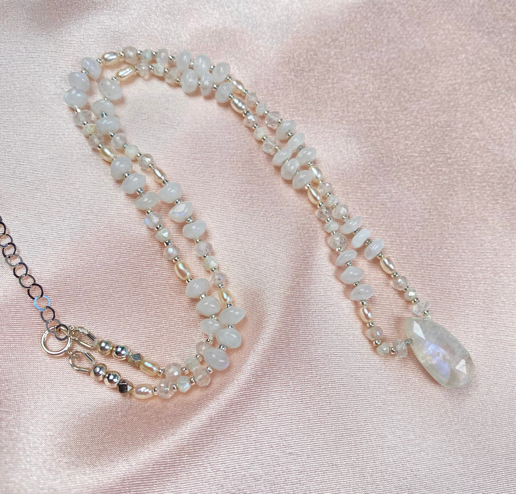 Moonstone, Pearl Pendant Necklace Sterling Silver