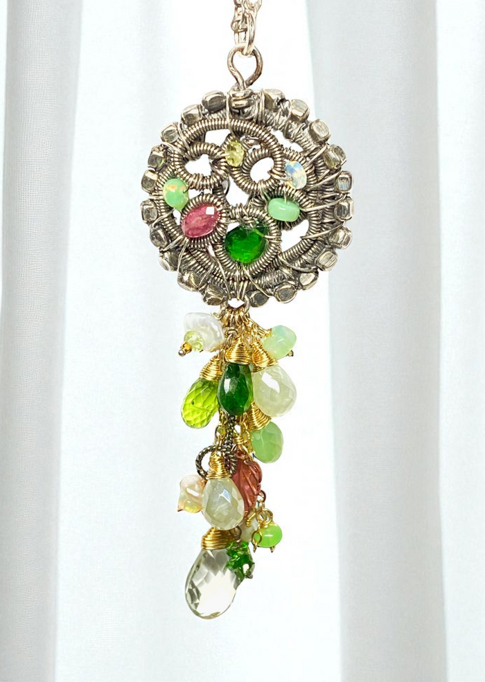 Boho Gemstone Pendant Oxidized Silver Pink Tourmaline, Opal, Green Gems