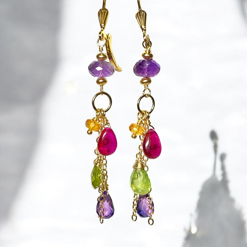 Gemstone Long Chain Dangle Earrings, Amethyst, Rubellite, Peridot, Gold Fill