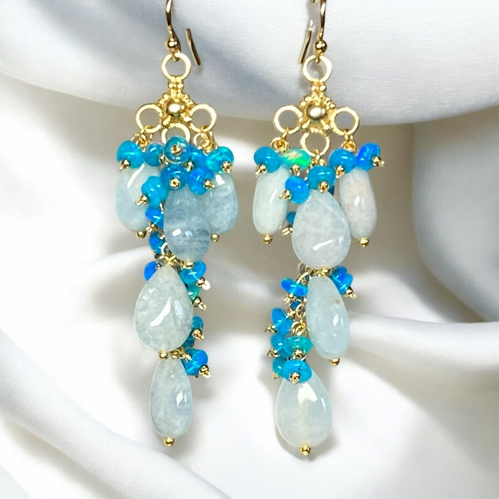 Blue Aquamarine and Teal Blue Opal Long Gem Dangle Chandelier Earrings