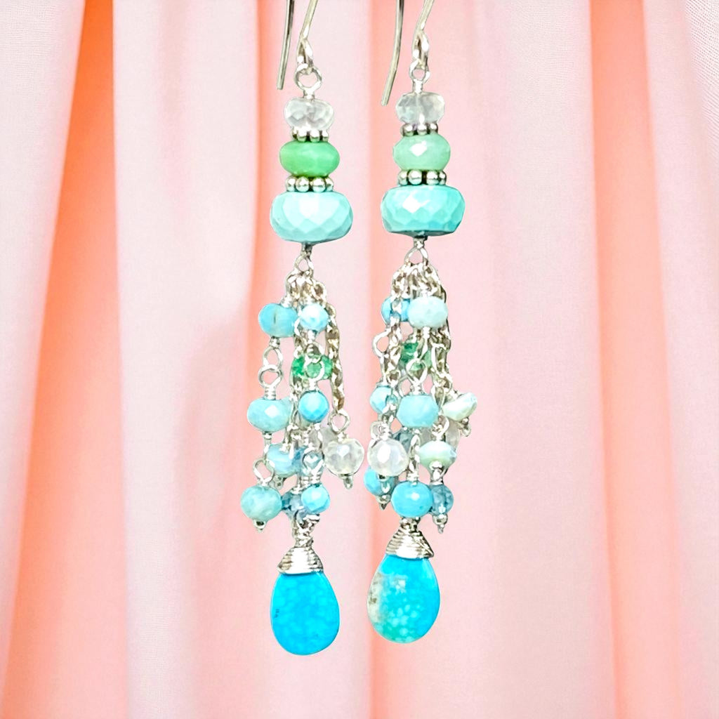 Multi Gemstone Gem Dangle Earrings, Tassel Style, Turquoise, Chrysoprase, Sterling Silver
