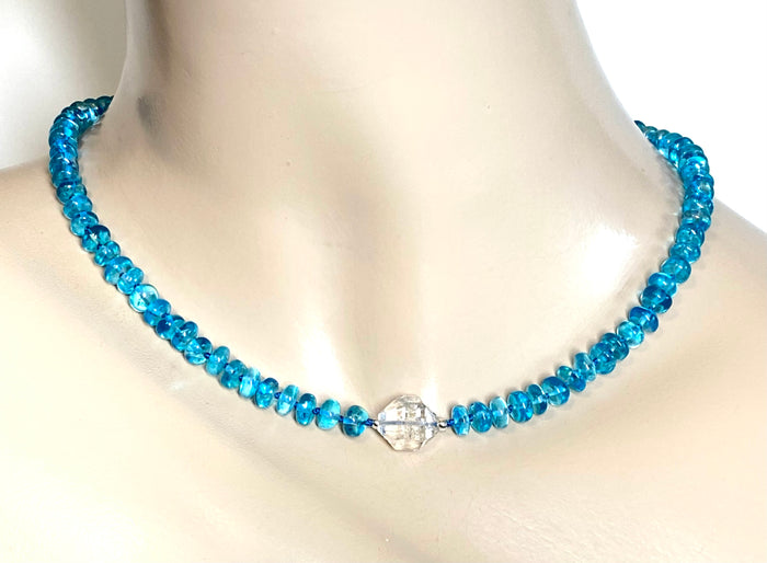 Teal Blue Topaz Gemstone Silk Knot Necklace Sterling Silver