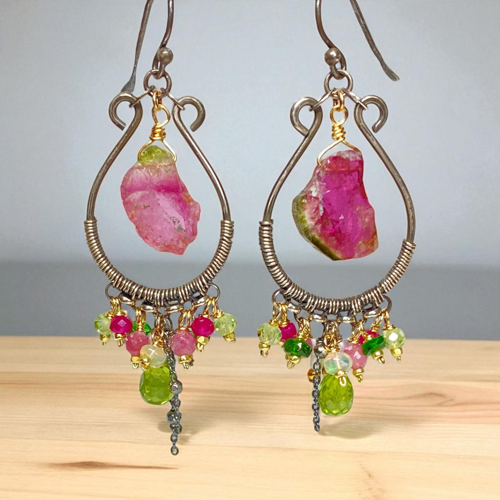Pink Sapphire, Peridot, Watermelon Tourmaline Hoop Chandelier Earrings