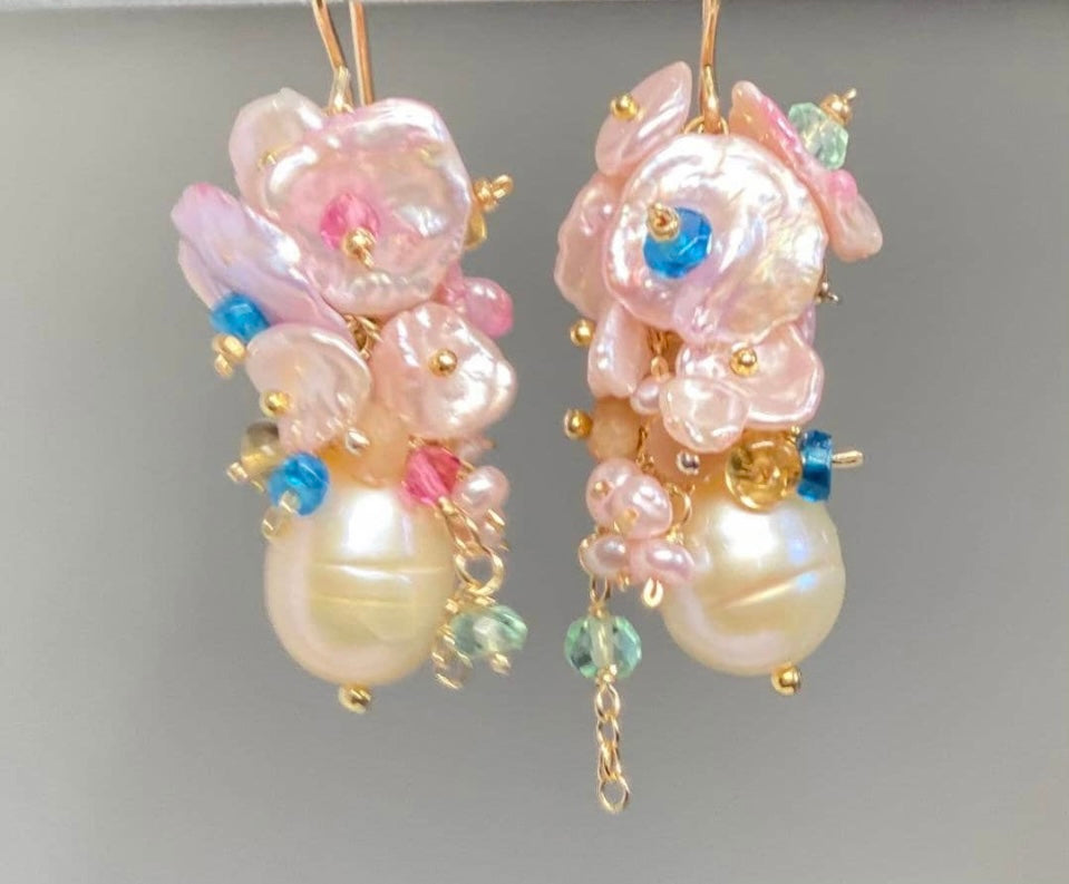 Pink Pearl Cluster Earrings with Blush Keishi Pearls