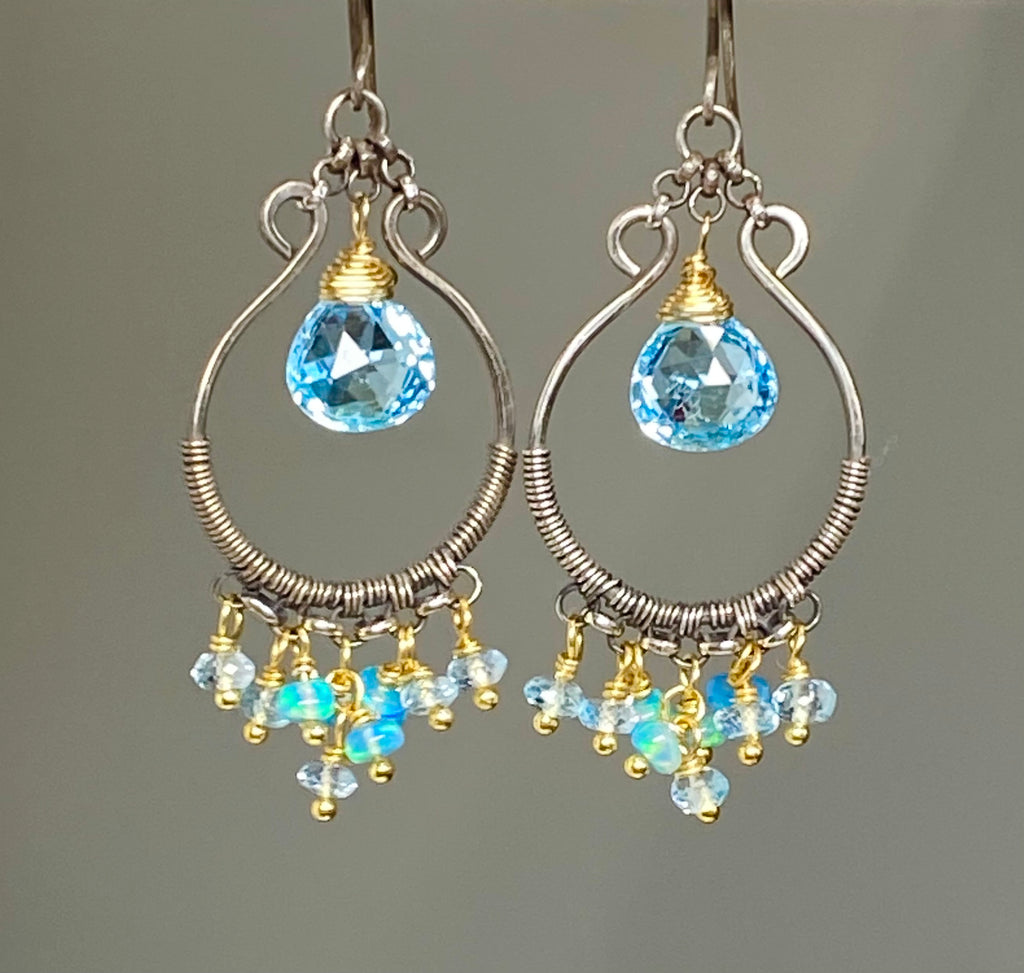 Blue Topaz, Opal, Chandelier Hoop Earrings Oxidized Silver Mixed Metal