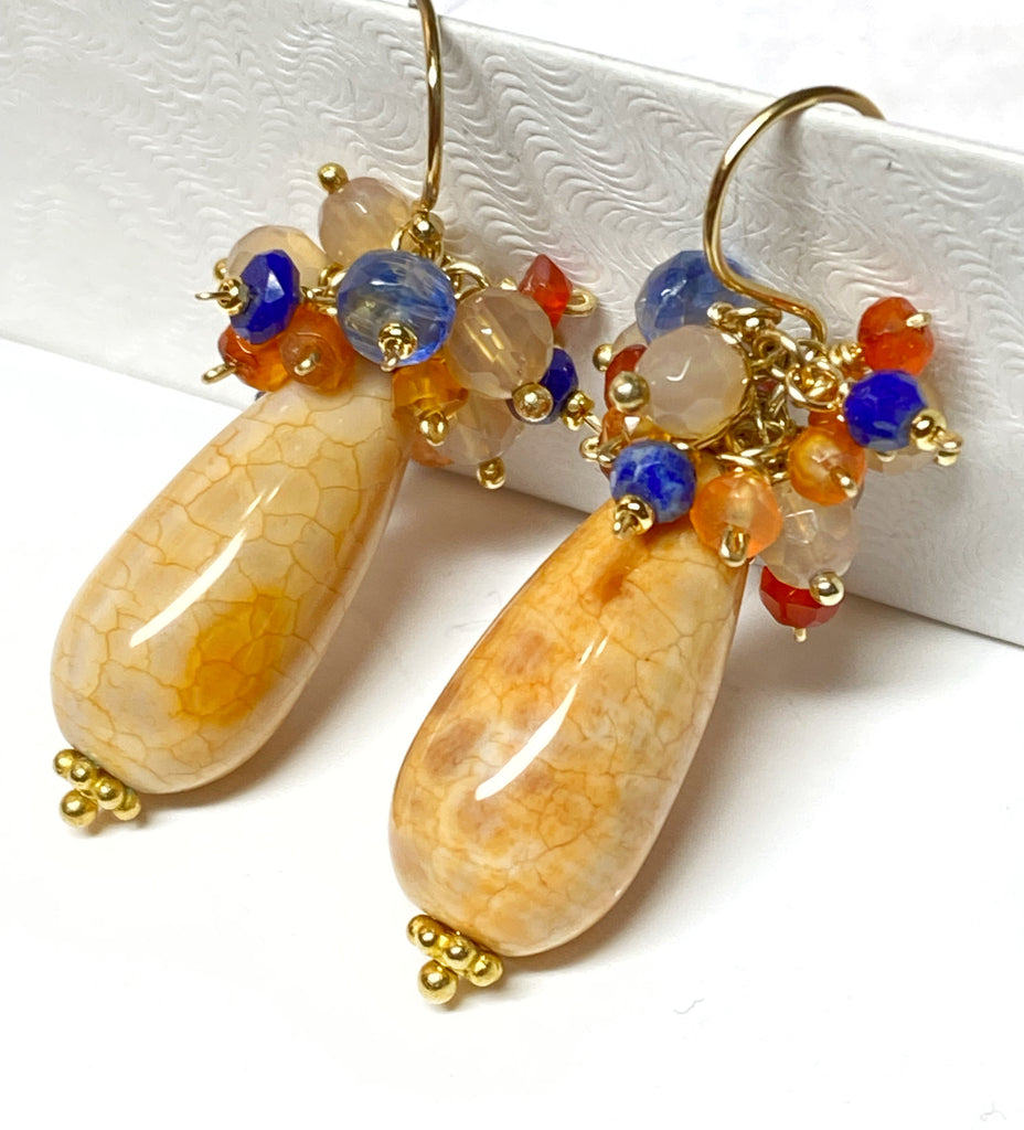 Fire Agate Drop and Gemstone Cluster Earrings Gold Fill 2