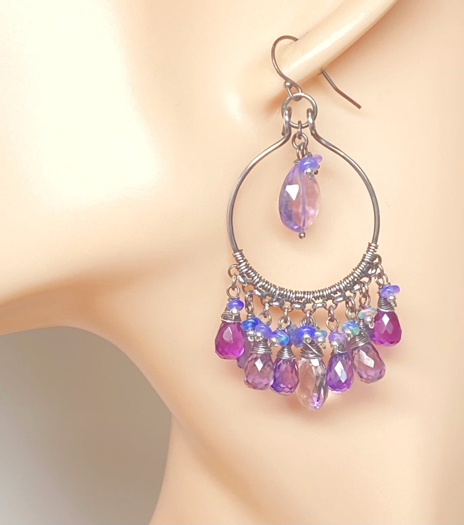 Blue Violet Gem Statement Chandelier Earrings in Oxidized Sterling Silver