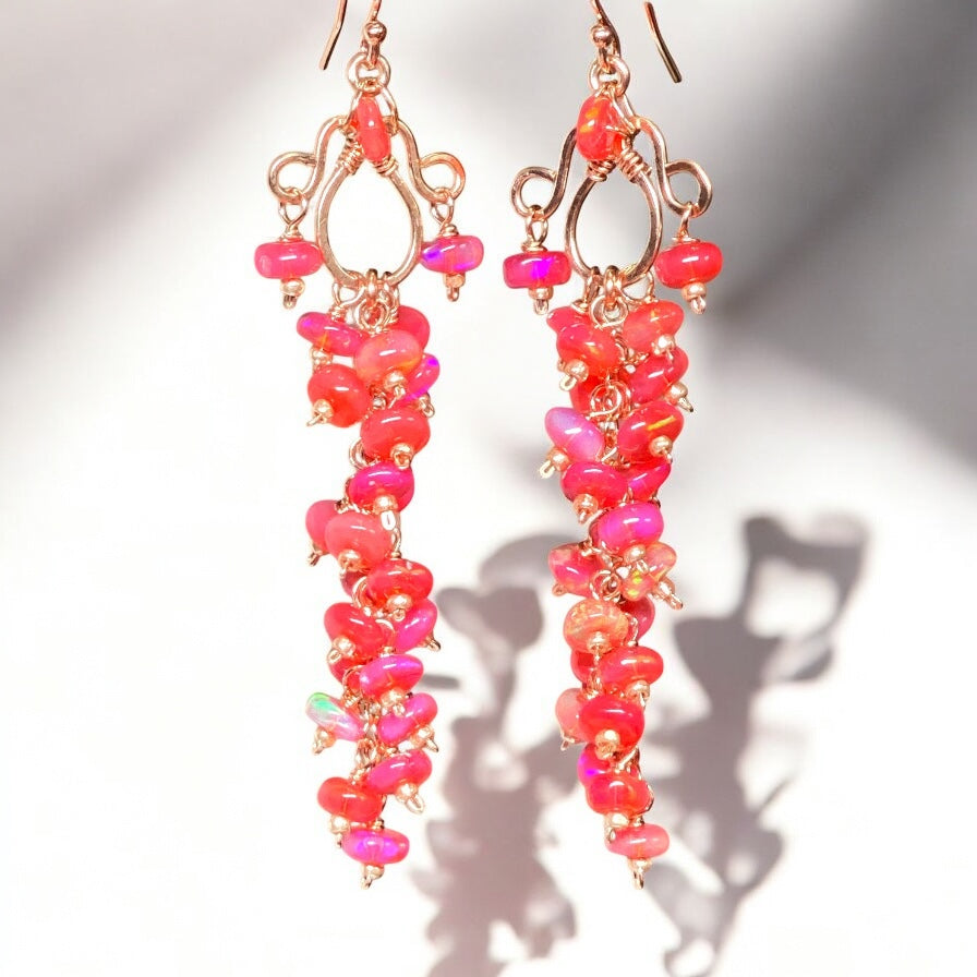 Padparadscha Ethiopian Opals Long Cluster Dangle Earrings Rose Gold 2