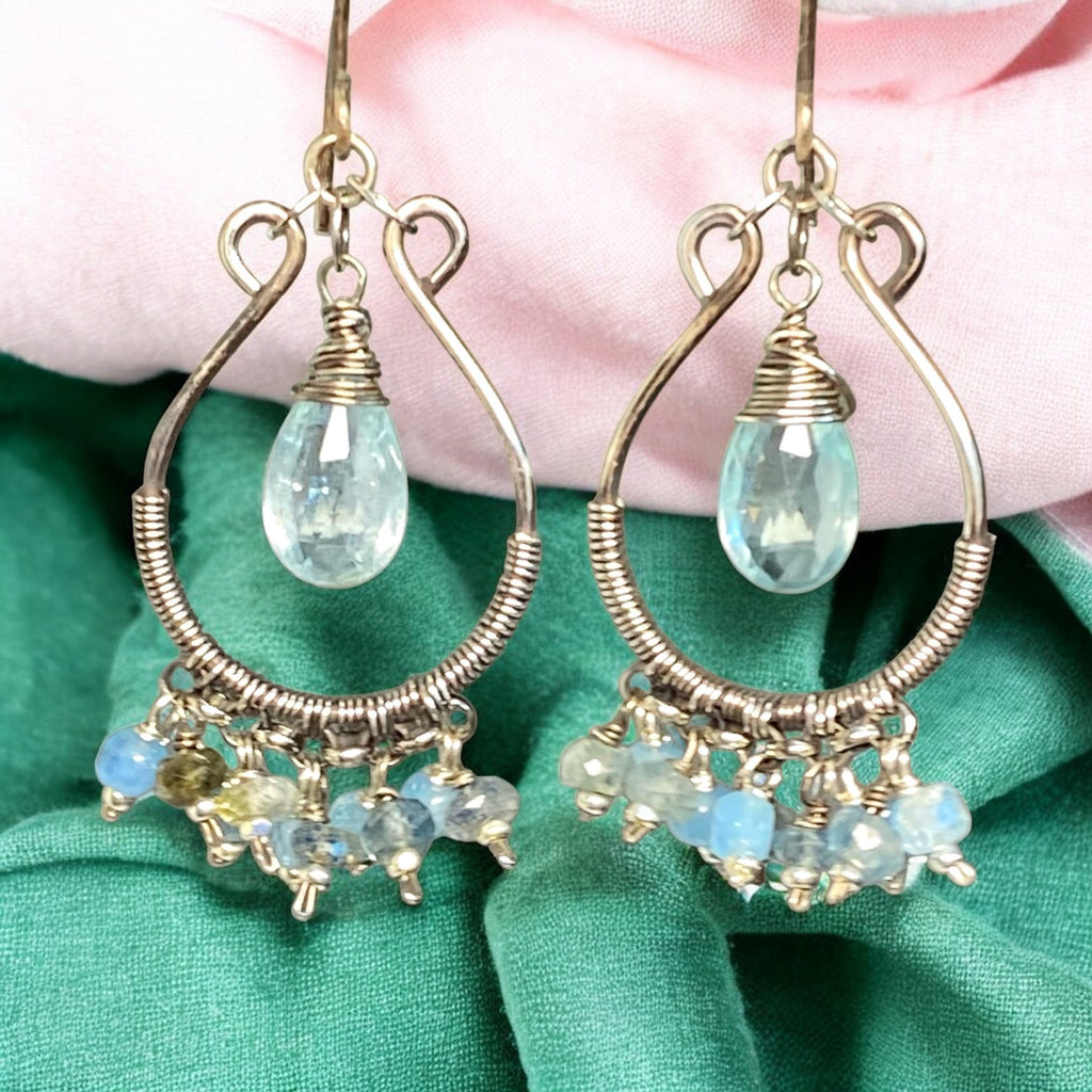 Aquamarine Oxidized Sterling Silver Hoop Chandelier Earrings