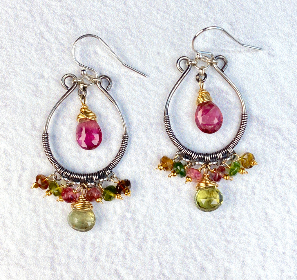 Pink and Green Tourmaline Mixed Metal Hoop Chandelier Earrings - Doolittle