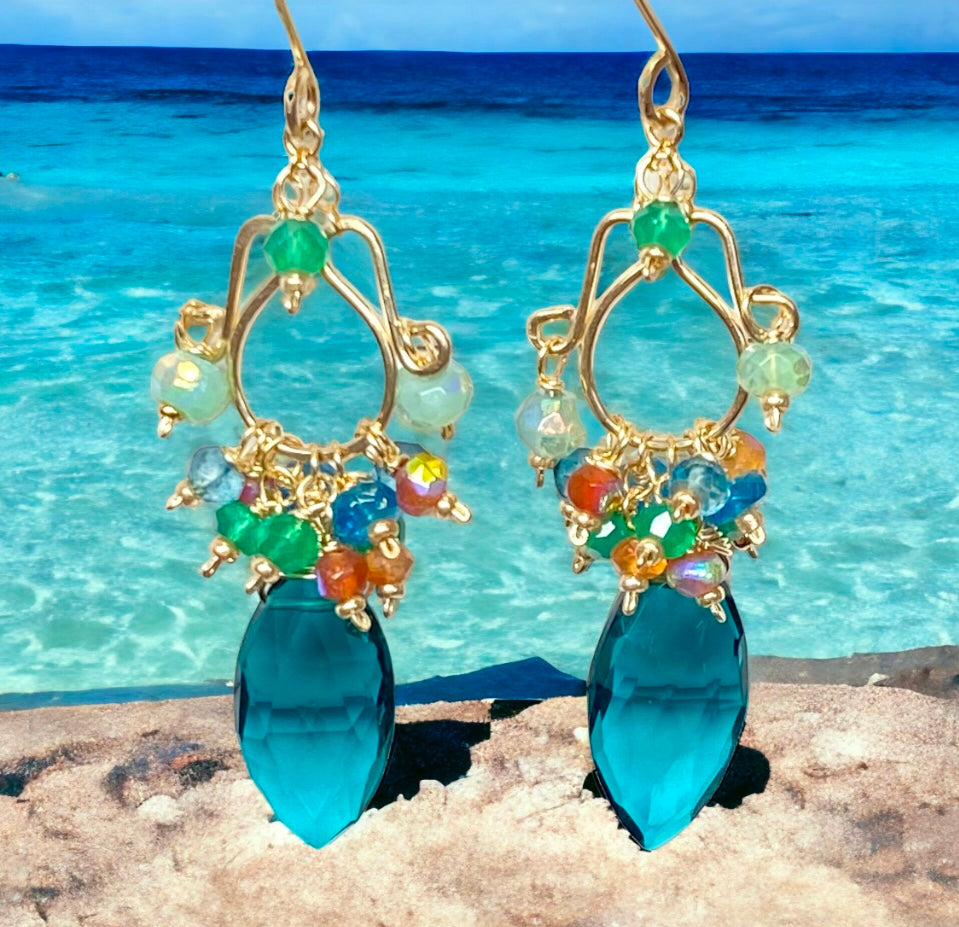 Teal and Multicolor Gemstone Chandelier Earrings Gold Fill