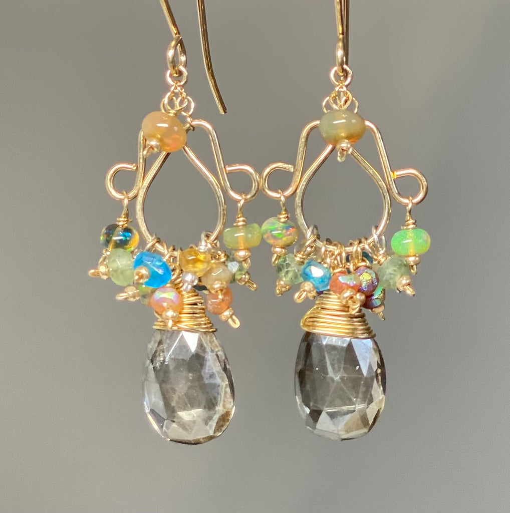 Mystic Smokey Quartz and Multicolor Gemstone Chandelier Earrings Gold Fill