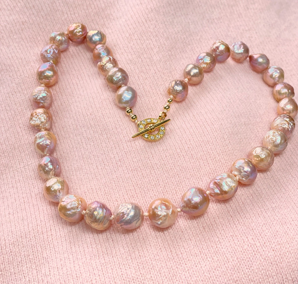 Blush Pink Metallic Edison Pearl Silk Knotted Necklace