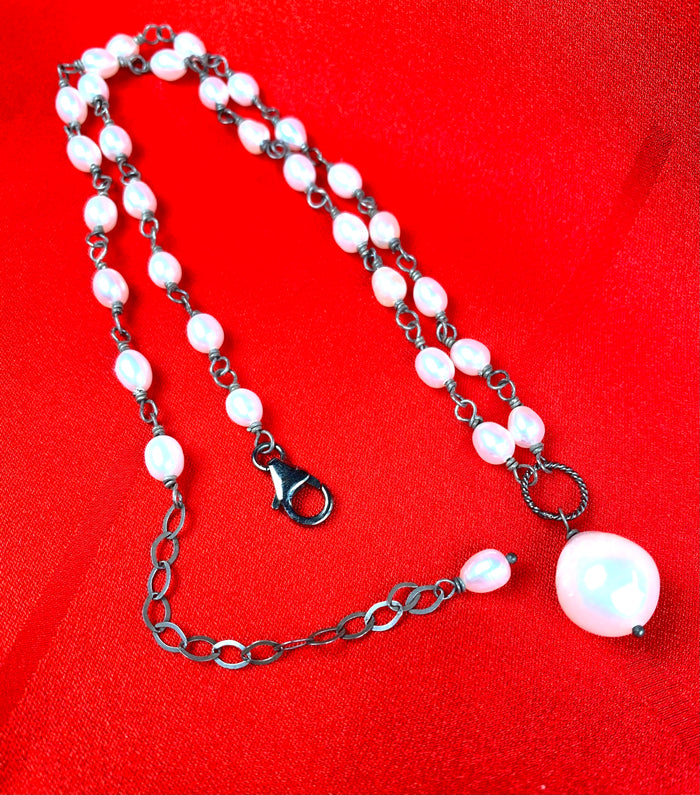 Baroque Pearl Pendant Necklace in Oxidized Sterling Silver