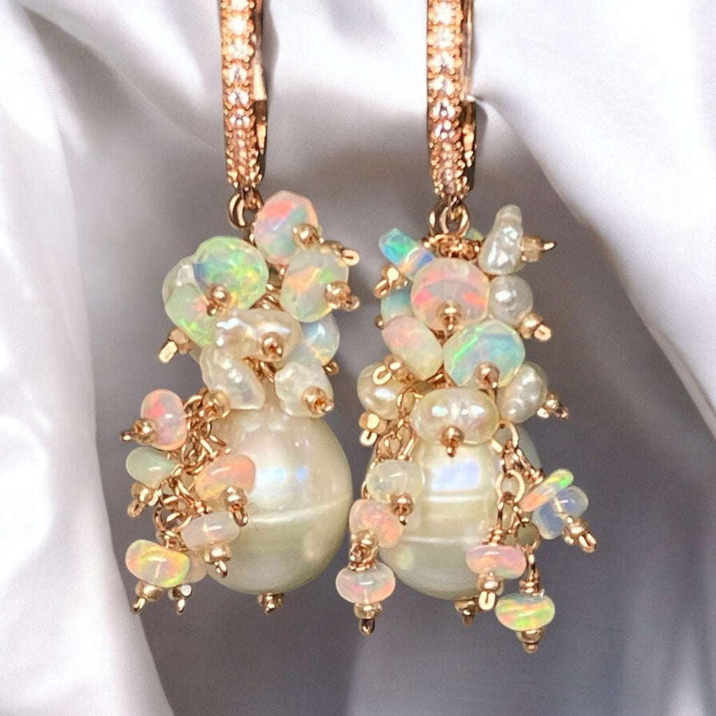 Pearl and Ethiopian Opal Cluster Earrings