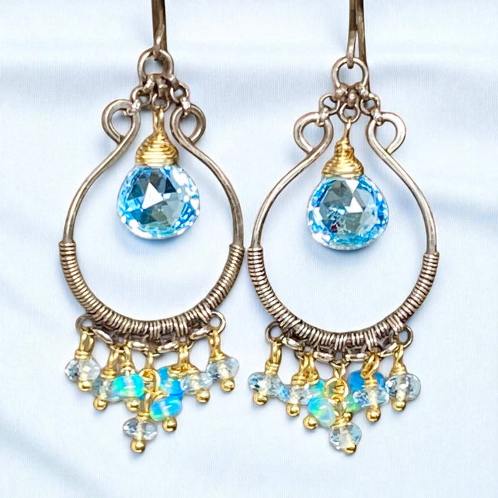 Blue Topaz, Opal, Chandelier Hoop Earrings Oxidized Silver Mixed Metal