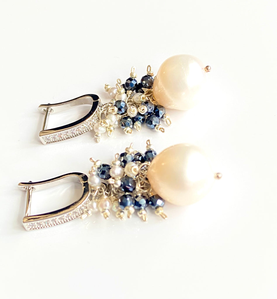 White Pearl Black Spinel Cluster Earrings Sterling Silver