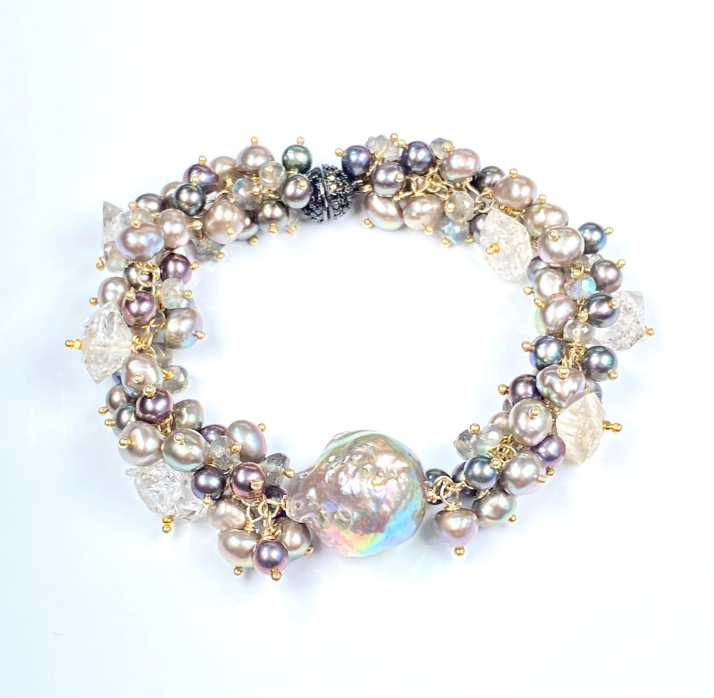Silver Grey Baroque Pearl Cluster Bracelet — Herkimer Quartz & Labradorite