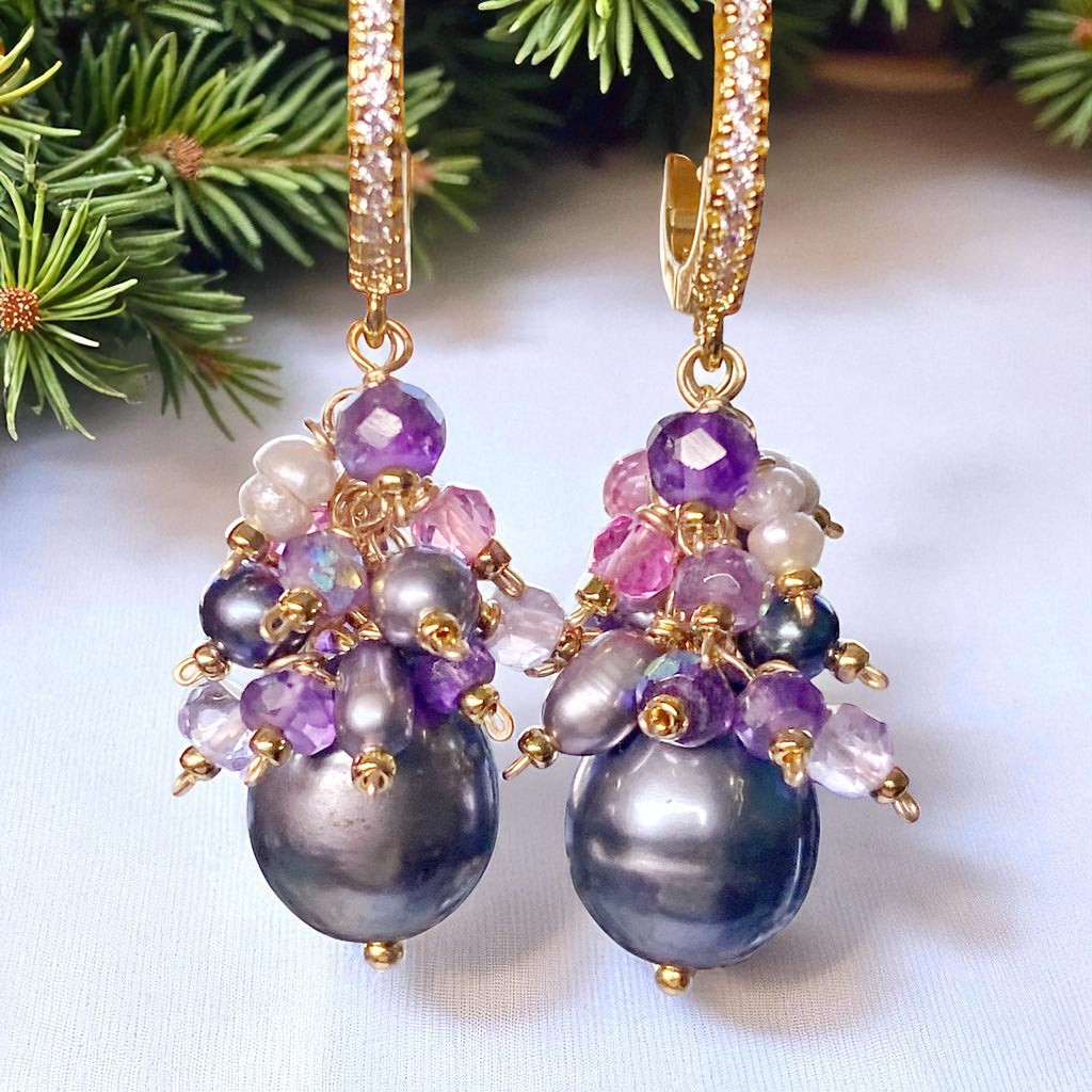 Black Peacock Pearl Earrings Amethyst and Pink Gemstone Clusters Gold Fill