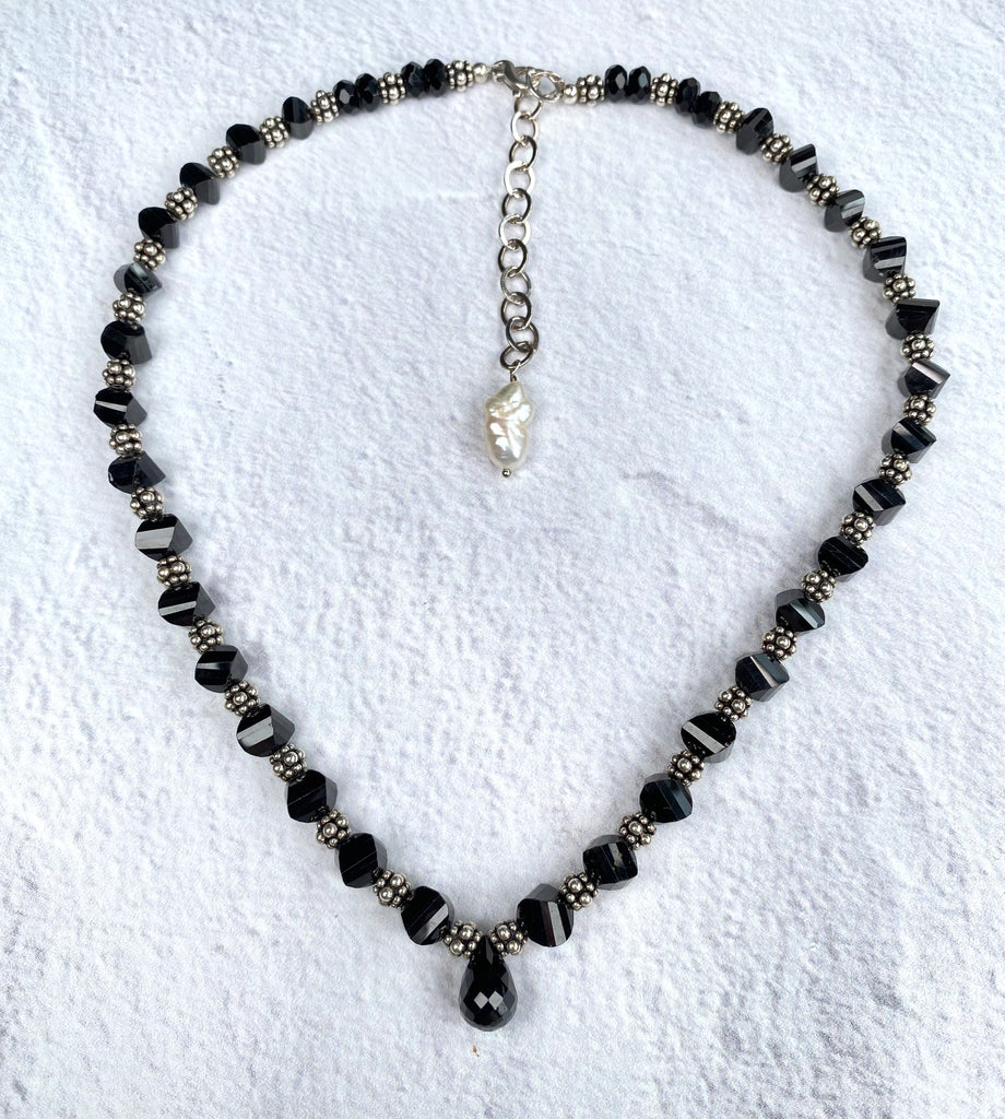Black Spinel Pendant Necklace with Sterling Silver Bali Spacers