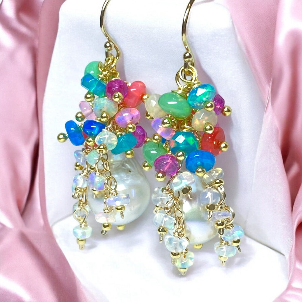 Baroque Flameball Pearl Cluster Earrings Multi-color Opals 4